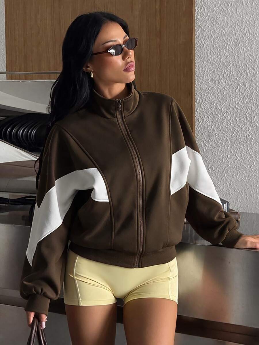 Dewbera Dewbera Women's Colorblock Long Sleeve Zip-Up Sports Sweatshirt Jacket Fall Winter - Brown - View 1