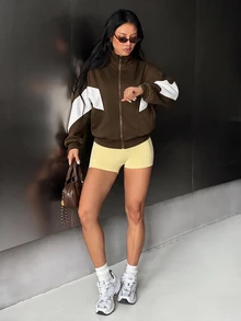 Dewbera Dewbera Women's Colorblock Long Sleeve Zip-Up Sports Sweatshirt Jacket Fall Winter - Brown - View 5