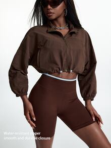 Innovista Innovista Women's Cropped Drawstring Sports Jacket Gym Jacket Workout Jacket Running Jacket Sportswear Activewear Lightweight Windbreaker Breathable جاكيت تغطية - Brown - View 3