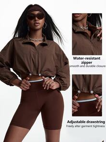 Innovista Innovista Women's Cropped Drawstring Sports Jacket Gym Jacket Workout Jacket Running Jacket Sportswear Activewear Lightweight Windbreaker Breathable جاكيت تغطية - Brown - View 9