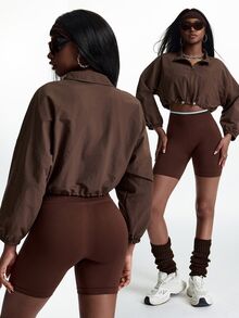 Innovista Innovista Women's Cropped Drawstring Sports Jacket Gym Jacket Workout Jacket Running Jacket Sportswear Activewear Lightweight Windbreaker Breathable جاكيت تغطية - Brown - View 7