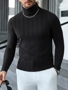 Manfinity CasualCool Men's Casual Solid Color Turtleneck Slim Fit Versatile Long Sleeve T-Shirt, Fall - Black - View 3