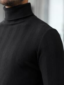 Manfinity CasualCool Men's Casual Solid Color Turtleneck Slim Fit Versatile Long Sleeve T-Shirt, Fall - Black - View 5