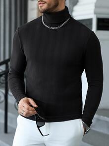 Manfinity CasualCool Men's Casual Solid Color Turtleneck Slim Fit Versatile Long Sleeve T-Shirt, Fall - Black - View 2