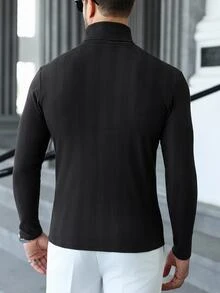 Manfinity CasualCool Men's Casual Solid Color Turtleneck Slim Fit Versatile Long Sleeve T-Shirt, Fall - Black - View 7
