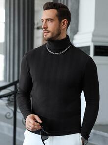 Manfinity CasualCool Men's Casual Solid Color Turtleneck Slim Fit Versatile Long Sleeve T-Shirt, Fall - Black - View 1
