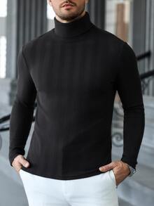Manfinity CasualCool Men's Casual Solid Color Turtleneck Slim Fit Versatile Long Sleeve T-Shirt, Fall - Black - View 4
