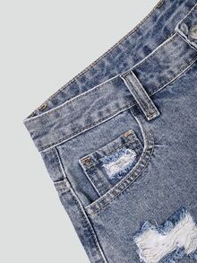 SHEIN EZwear Women Ripped Fringe Hem Everyday Denim Shorts Y2k - Medium Wash - View 3