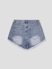 SHEIN EZwear Women Ripped Fringe Hem Everyday Denim Shorts Y2k - Medium Wash - View 2
