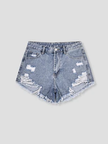 SHEIN EZwear Women Ripped Fringe Hem Everyday Denim Shorts Y2k - Medium Wash - View 4