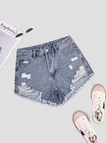 SHEIN EZwear Women Ripped Fringe Hem Everyday Denim Shorts Y2k - Medium Wash - View 1