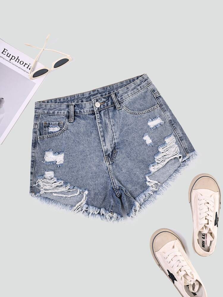 SHEIN EZwear Women Ripped Fringe Hem Everyday Denim Shorts Y2k - Medium Wash - View 1