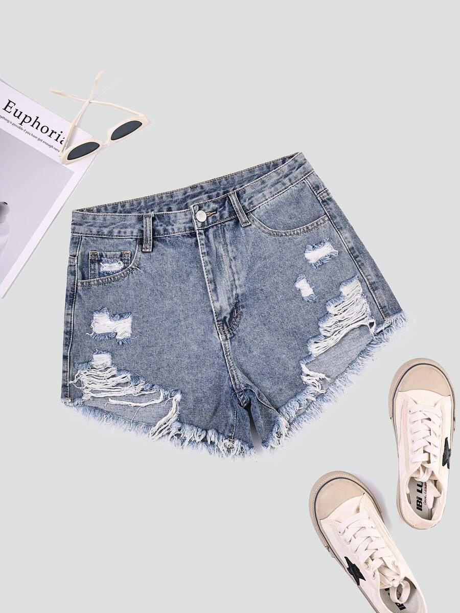 SHEIN EZwear Women Ripped Fringe Hem Everyday Denim Shorts Y2k - Medium Wash - View 1