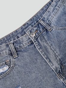 SHEIN EZwear Women Ripped Fringe Hem Everyday Denim Shorts Y2k - Medium Wash - View 7