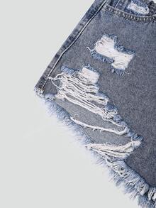 SHEIN EZwear Women Ripped Fringe Hem Everyday Denim Shorts Y2k - Medium Wash - View 5