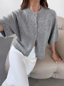 Firerie Women's Daily Commute Elegant Solid Color Asymmetrical Hem Batwing Sleeve Short Sleeve Cardigan - Grey - View 3