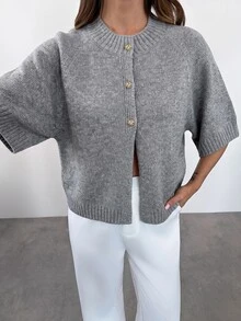Firerie Women's Daily Commute Elegant Solid Color Asymmetrical Hem Batwing Sleeve Short Sleeve Cardigan - Grey - View 1