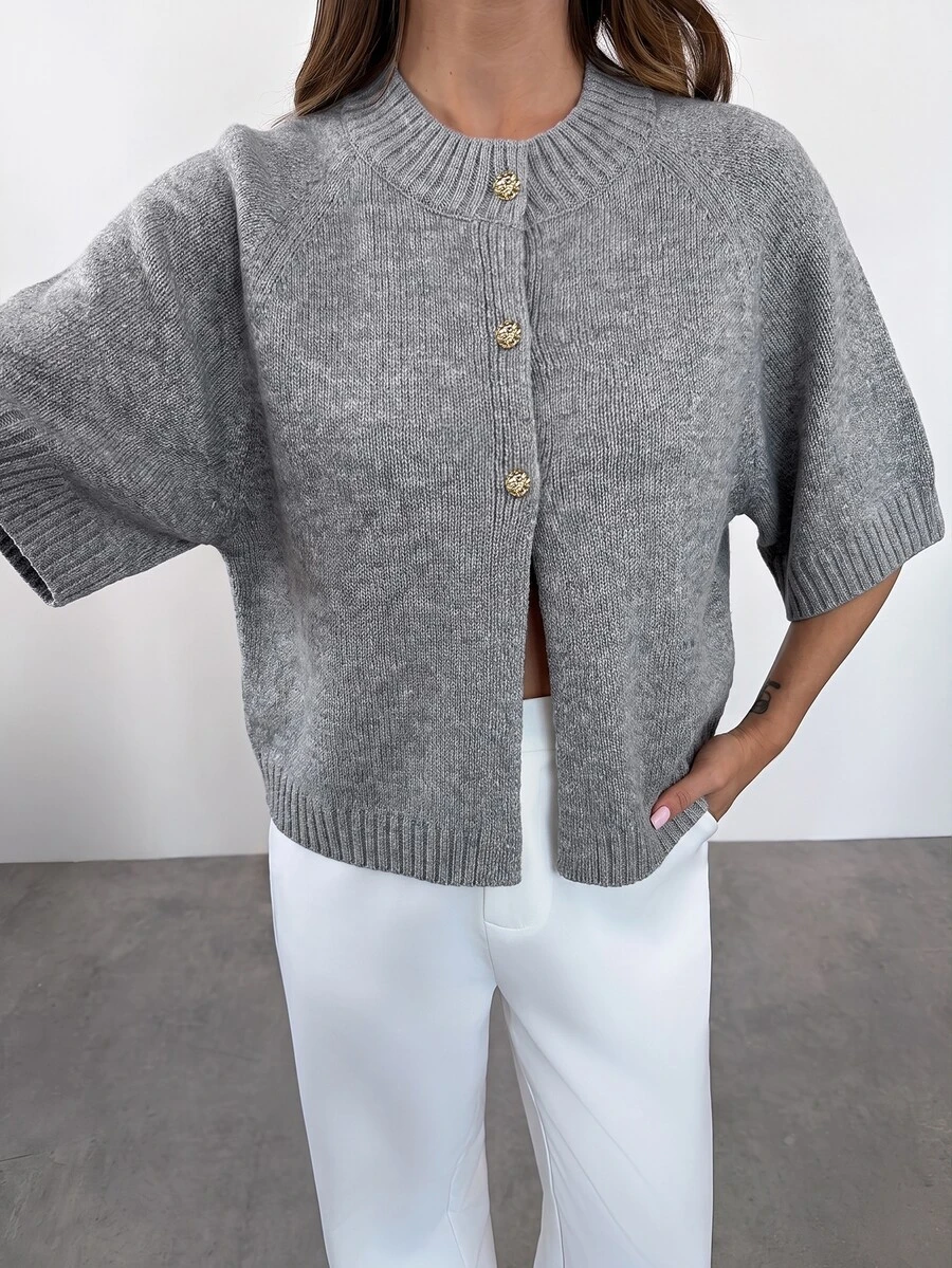 Firerie Women's Daily Commute Elegant Solid Color Asymmetrical Hem Batwing Sleeve Short Sleeve Cardigan - Grey - View 1