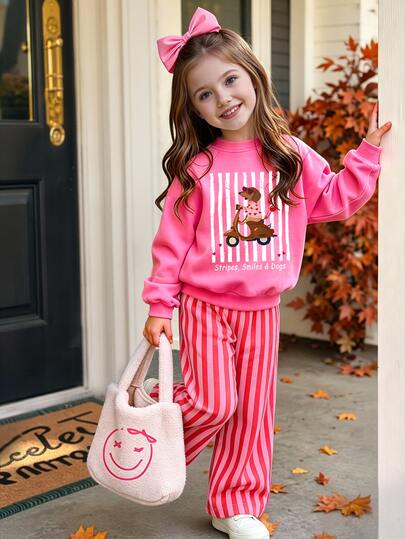 Young Girls Striped Sweatshirt Co-Ords, Fall, Autumn, School,Long Sleeve Tops & Striped Pants Set,Dog Pattern