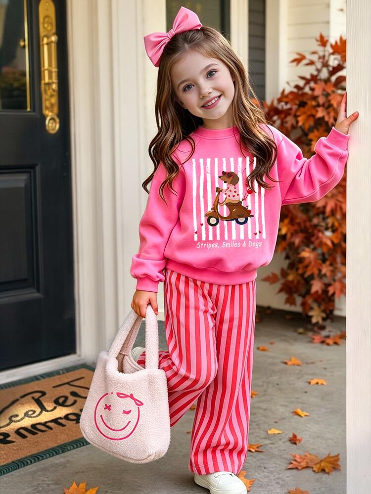Set Co-Ord Sweatshirt Motif Garis untuk Anak Perempuan Muda, Musim Gugur, Sekolah, Atasan Lengan Panjang & Celana Motif Garis dengan Pola Anjing - MultiWarna - View 3
