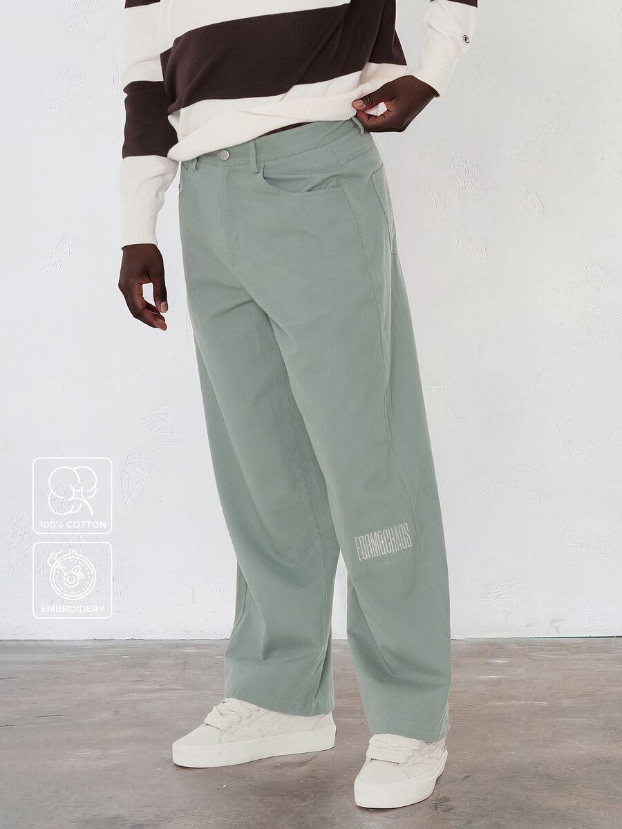 FORM&CHAOS Men's Autumn/Winter Green Vintage Diagonal Stripe Embroidered Long Pants - Green - View 1