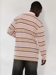 FORM&CHAOS Men's Autumn/Winter Long Sleeve Loose Fit Colorful Striped Polo Collar T-Shirt - Multicolor - View 3