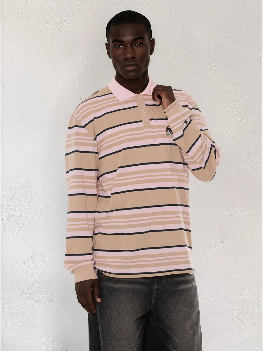 FORM&CHAOS Men's Autumn/Winter Long Sleeve Loose Fit Colorful Striped Polo Collar T-Shirt - Multicolor - View 1