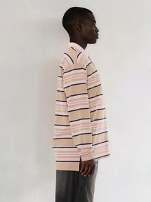 FORM&CHAOS Men's Autumn/Winter Long Sleeve Loose Fit Colorful Striped Polo Collar T-Shirt - Multicolor - View 7