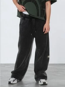 FORM&CHAOS Men's Vintage Streetwear Washed Black Sweatpants, Fall/ Loungewear Beach Vacation - Black - View 3