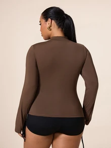 SHEIN Unity Women's Plus Size Solid Color Zipper Long Sleeve Sports Jacket Fall - Coffee Brown - View 2