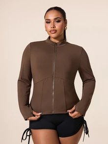 SHEIN Unity Women's Plus Size Solid Color Zipper Long Sleeve Sports Jacket Fall - Coffee Brown - View 4