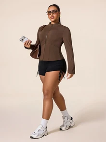 SHEIN Unity Women's Plus Size Solid Color Zipper Long Sleeve Sports Jacket Fall - Coffee Brown - View 6