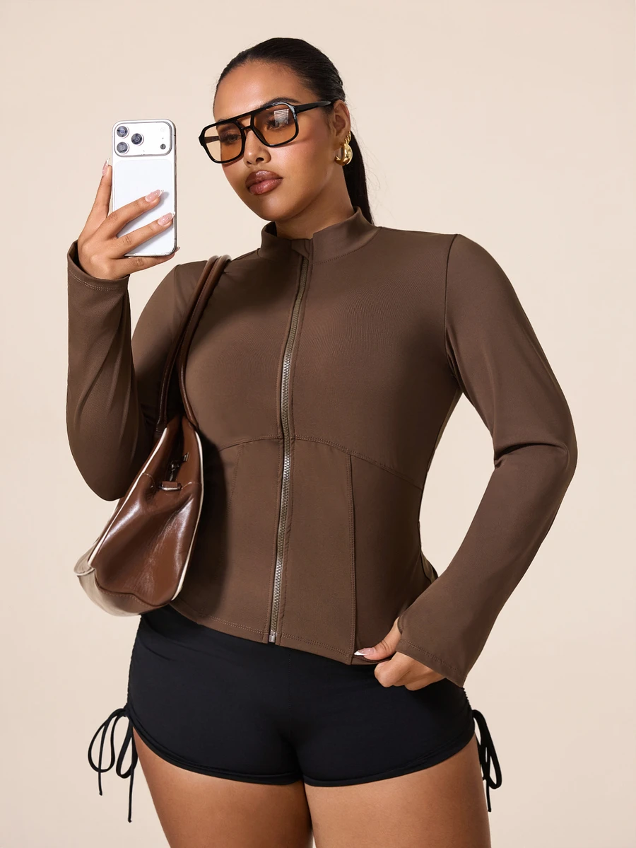 SHEIN Unity Women's Plus Size Solid Color Zipper Long Sleeve Sports Jacket Fall - Coffee Brown - View 1
