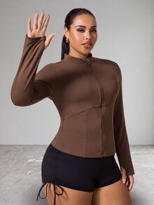 SHEIN Unity Women's Plus Size Solid Color Zipper Long Sleeve Sports Jacket Fall - Coffee Brown - View 8