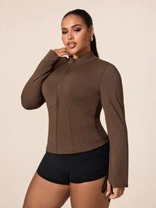 SHEIN Unity Women's Plus Size Solid Color Zipper Long Sleeve Sports Jacket Fall - Coffee Brown - View 5