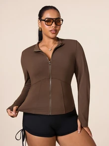 SHEIN Unity Women's Plus Size Solid Color Zipper Long Sleeve Sports Jacket Fall - Coffee Brown - View 3