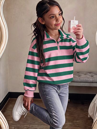 SHEIN Elladie kids Tween Girl Fashionable Minimalist Colorblock Striped Print Collared Zip-Up Split Design Drop Shoulder Long Sleeve Sweatshirt, Soft Fabric, Vibrant Youthful Style, Suitable For Back To School, Outings, Autumn/Winter