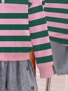 SHEIN Elladie kids 少女時尚簡約拼接條紋印花領口拉鍊開衩設計落肩長袖運動衫，柔軟面料，活力青春風格，適合返校、外出，秋冬穿著 - 彩色 - 查看 3