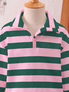 SHEIN Elladie kids 少女時尚簡約拼接條紋印花領口拉鍊開衩設計落肩長袖運動衫，柔軟面料，活力青春風格，適合返校、外出，秋冬穿著 - 彩色 - 查看 4