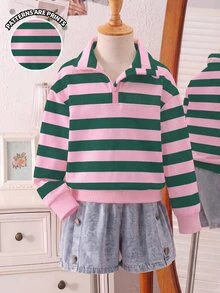 SHEIN Elladie kids 少女時尚簡約拼接條紋印花領口拉鍊開衩設計落肩長袖運動衫，柔軟面料，活力青春風格，適合返校、外出，秋冬穿著 - 彩色 - 查看 5