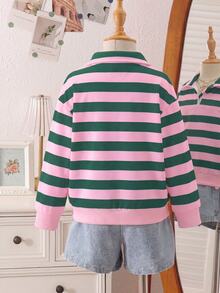 SHEIN Elladie kids 少女時尚簡約拼接條紋印花領口拉鍊開衩設計落肩長袖運動衫，柔軟面料，活力青春風格，適合返校、外出，秋冬穿著 - 彩色 - 查看 2