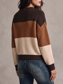 SHEIN 女款秋冬拼接配色落肩長袖休閒套頭毛衣 - 彩色 - 查看 2