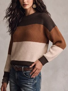 SHEIN 女款秋冬拼接配色落肩長袖休閒套頭毛衣 - 彩色 - 查看 5