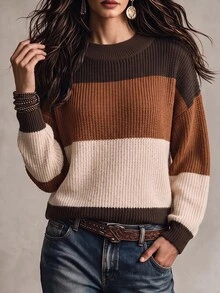 SHEIN 女款秋冬拼接配色落肩長袖休閒套頭毛衣 - 彩色 - 查看 3