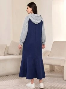Mulvari Women's Colorblock Raglan Long Sleeve Drawstring Hooded Sweatshirt Dress Everyday Home Navy Blue Autumn Casual - Navy Blue - View 3