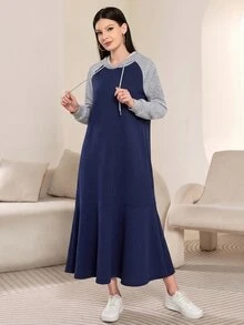 Mulvari Women's Colorblock Raglan Long Sleeve Drawstring Hooded Sweatshirt Dress Everyday Home Navy Blue Autumn Casual - Navy Blue - View 7
