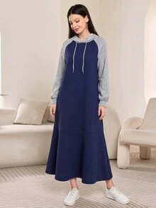 Mulvari Women's Colorblock Raglan Long Sleeve Drawstring Hooded Sweatshirt Dress Everyday Home Navy Blue Autumn Casual - Navy Blue - View 6