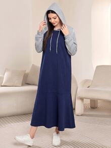 Mulvari Women's Colorblock Raglan Long Sleeve Drawstring Hooded Sweatshirt Dress Everyday Home Navy Blue Autumn Casual - Navy Blue - View 4