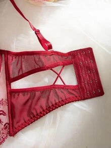 SHEIN 2件套女士性感花卉刺绣网纱蝴蝶结装饰内衣套装 - 酒紅色 - 查看 3