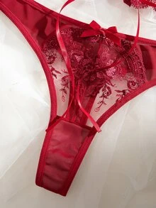 SHEIN 2件套女士性感花卉刺绣网纱蝴蝶结装饰内衣套装 - 酒紅色 - 查看 4